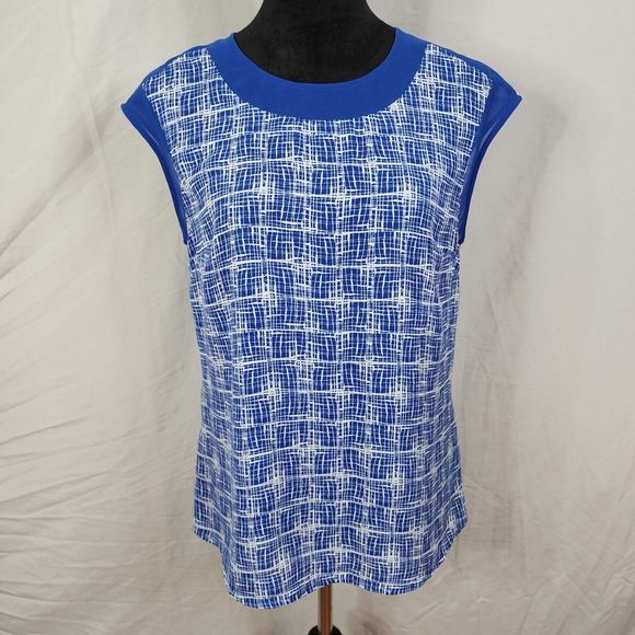 HALOGEN Size Small Japanese Grid Print Round Neck Cap Sleeve Chiffon Work Blouse - Picture 2 of 10